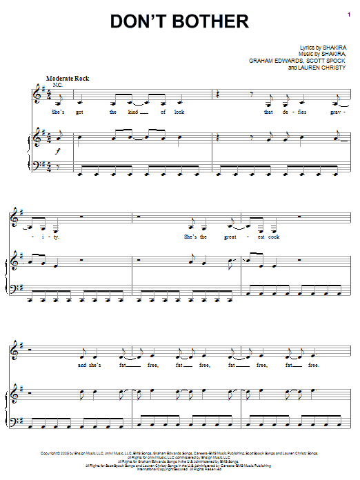 Shakira Don't Bother Sheet Music Notes & Chords for Piano, Vocal & Guitar (Right-Hand Melody) - Download or Print PDF