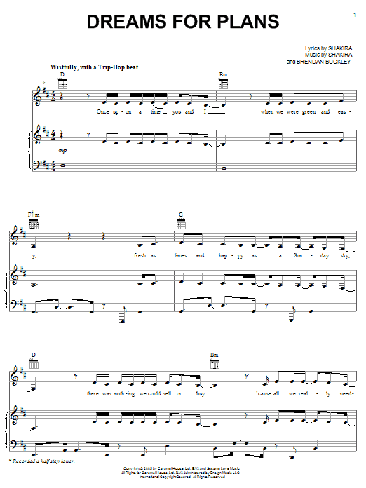 Shakira Dreams For Plans Sheet Music Notes & Chords for Piano, Vocal & Guitar (Right-Hand Melody) - Download or Print PDF