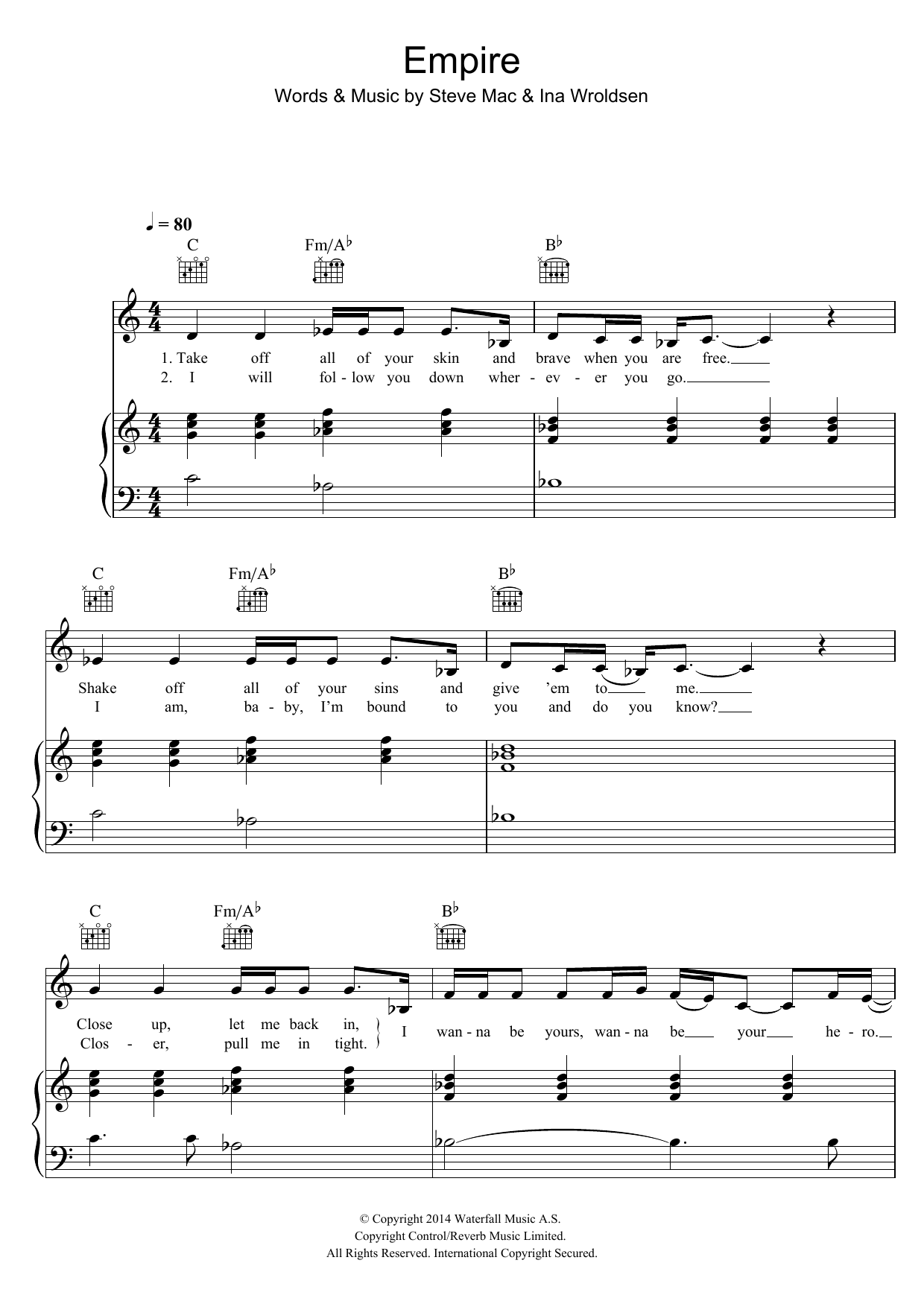 Shakira Empire (featuring Rihanna) Sheet Music Notes & Chords for Piano, Vocal & Guitar (Right-Hand Melody) - Download or Print PDF