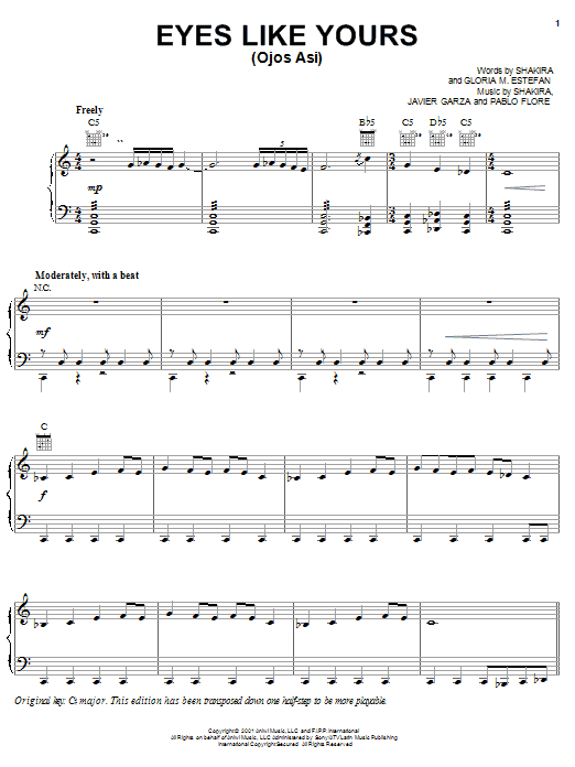 Shakira Eyes Like Yours (Ojos Asi) Sheet Music Notes & Chords for Piano, Vocal & Guitar (Right-Hand Melody) - Download or Print PDF