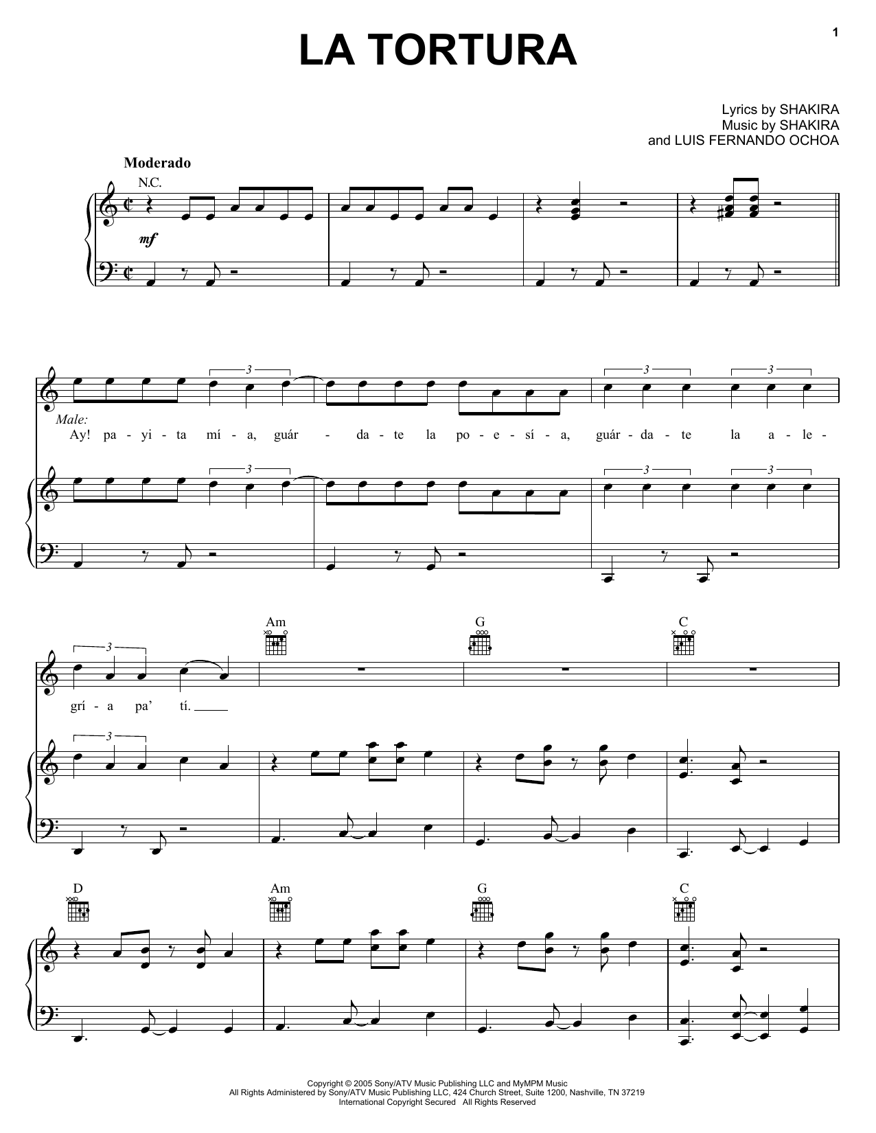 Shakira featuring Alejandro Sanz La Tortura Sheet Music Notes & Chords for Piano, Vocal & Guitar (Right-Hand Melody) - Download or Print PDF