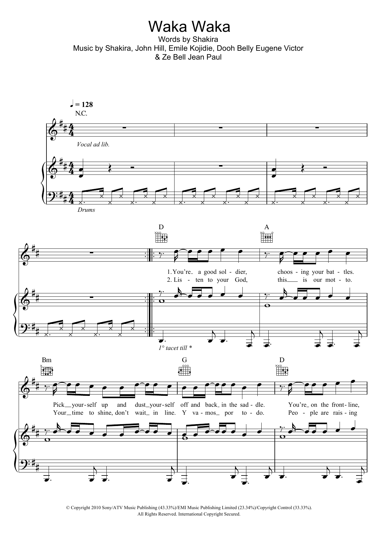 Shakira featuring Freshlyground Waka Waka (This Time For Africa) (featuring Freshlyground) Sheet Music Notes & Chords for Piano, Vocal & Guitar (Right-Hand Melody) - Download or Print PDF