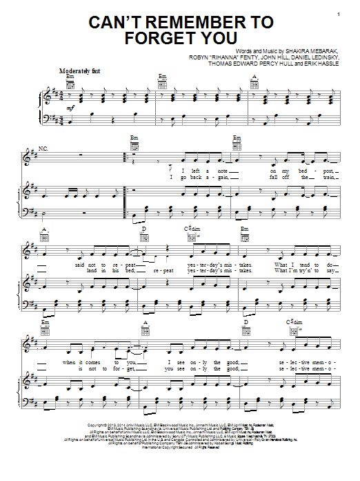 Shakira Featuring Rihanna Can't Remember To Forget You Sheet Music Notes & Chords for Piano, Vocal & Guitar (Right-Hand Melody) - Download or Print PDF
