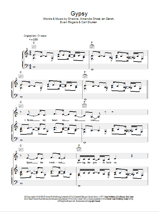 Shakira Gypsy Sheet Music Notes & Chords for Piano, Vocal & Guitar (Right-Hand Melody) - Download or Print PDF