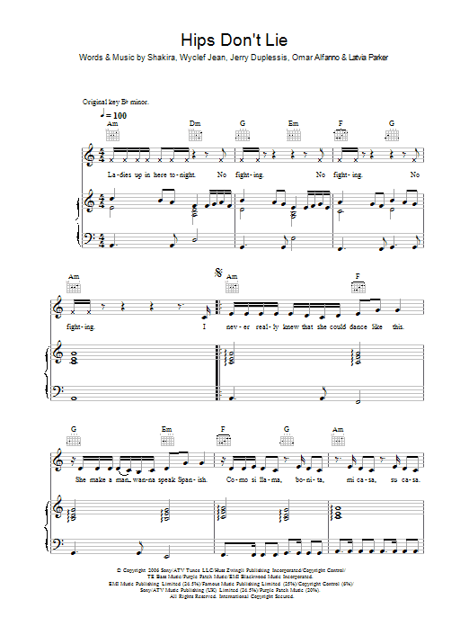 Shakira Hips Don't Lie (feat. Wyclef Jean) Sheet Music Notes & Chords for Piano, Vocal & Guitar - Download or Print PDF