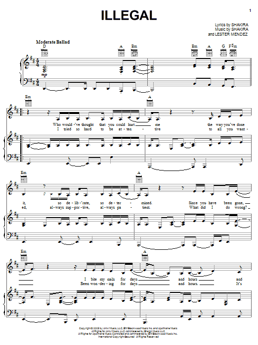 Shakira Illegal Sheet Music Notes & Chords for Piano, Vocal & Guitar (Right-Hand Melody) - Download or Print PDF