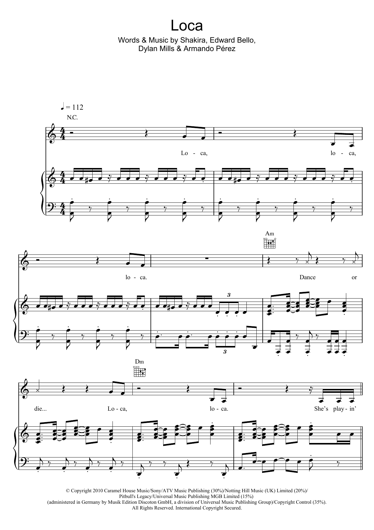 Shakira Loca (featuring Dizzee Rascal) Sheet Music Notes & Chords for Piano, Vocal & Guitar (Right-Hand Melody) - Download or Print PDF