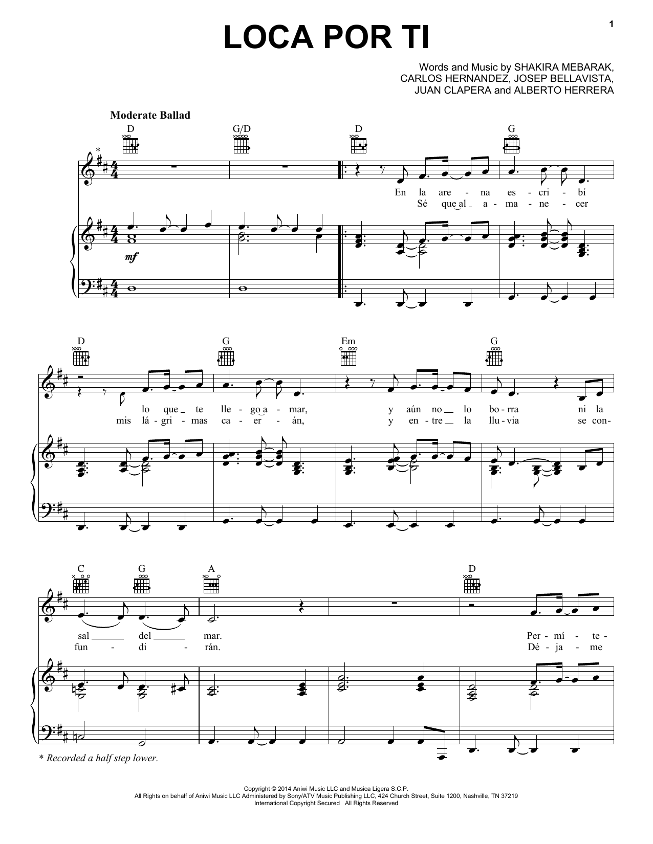 Shakira Loca Por Ti Sheet Music Notes & Chords for Piano, Vocal & Guitar (Right-Hand Melody) - Download or Print PDF