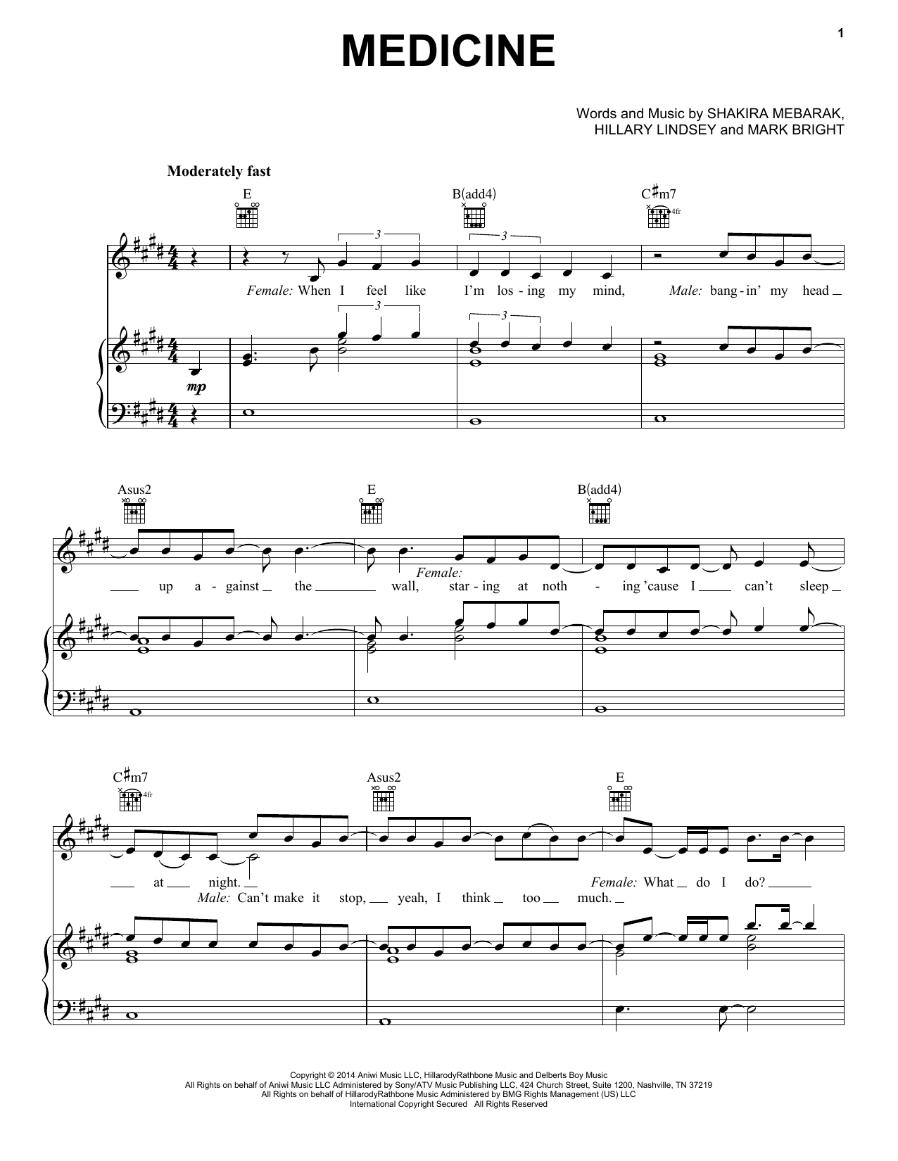 Shakira Medicine Sheet Music Notes & Chords for Piano, Vocal & Guitar (Right-Hand Melody) - Download or Print PDF