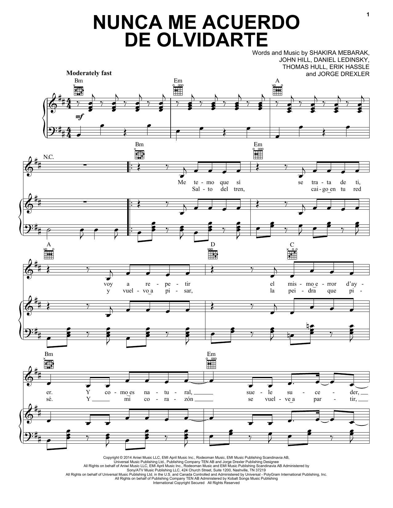 Shakira Nunca Me Acuerdo De Olvidarte Sheet Music Notes & Chords for Piano, Vocal & Guitar (Right-Hand Melody) - Download or Print PDF