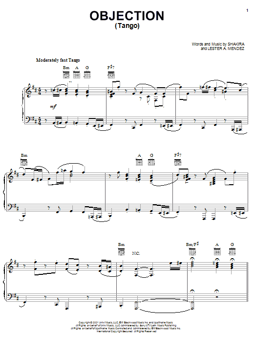 Shakira Objection (Tango) Sheet Music Notes & Chords for Keyboard - Download or Print PDF