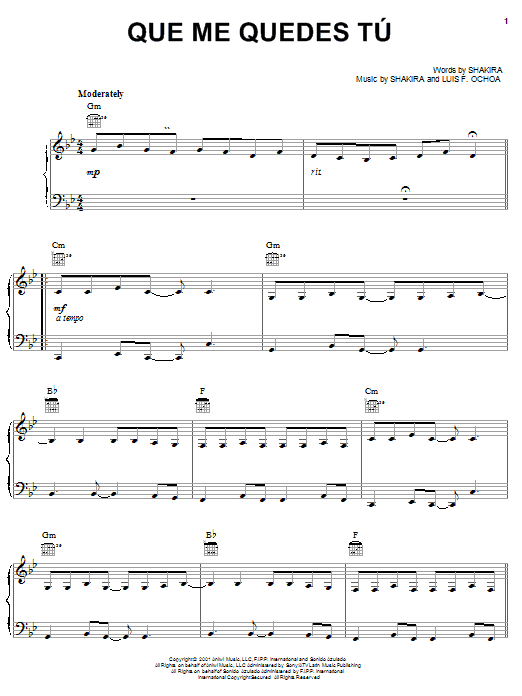 Shakira Que Me Quedes Tu Sheet Music Notes & Chords for Piano, Vocal & Guitar (Right-Hand Melody) - Download or Print PDF