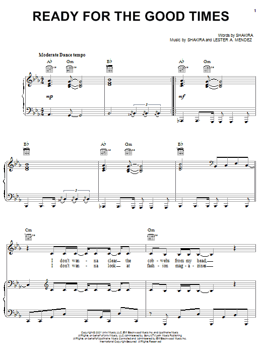 Shakira Ready For The Good Times Sheet Music Notes & Chords for Piano, Vocal & Guitar (Right-Hand Melody) - Download or Print PDF