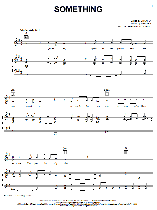 Shakira Something Sheet Music Notes & Chords for Piano, Vocal & Guitar (Right-Hand Melody) - Download or Print PDF