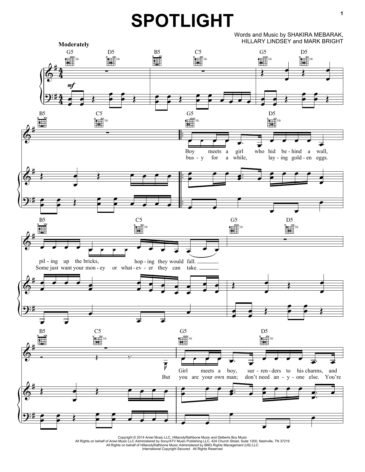 Shakira Spotlight Sheet Music Notes & Chords for Piano, Vocal & Guitar (Right-Hand Melody) - Download or Print PDF