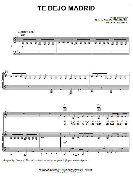 Shakira Te Dejo Madrid Sheet Music Notes & Chords for Piano, Vocal & Guitar (Right-Hand Melody) - Download or Print PDF
