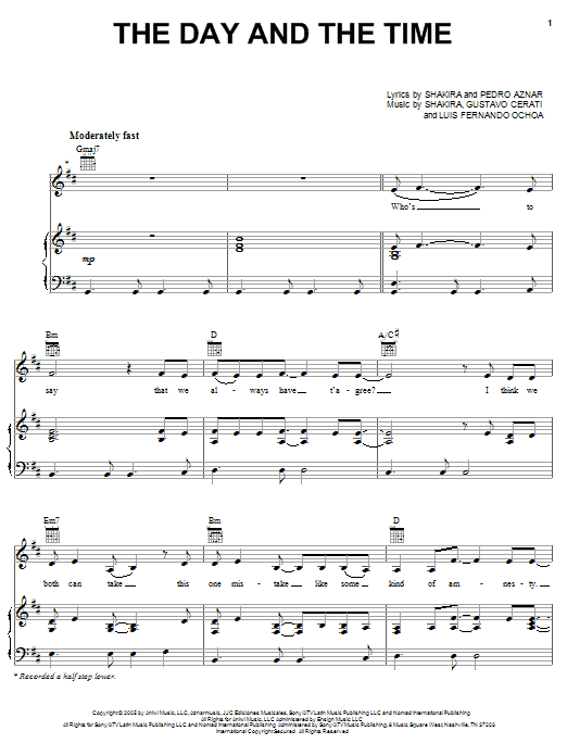 Shakira The Day And The Time Sheet Music Notes & Chords for Piano, Vocal & Guitar (Right-Hand Melody) - Download or Print PDF