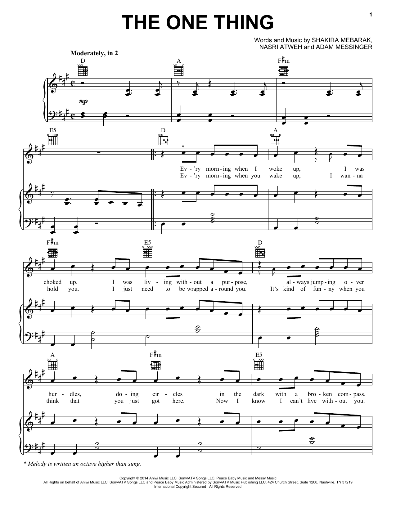 Shakira The One Thing Sheet Music Notes & Chords for Piano, Vocal & Guitar (Right-Hand Melody) - Download or Print PDF