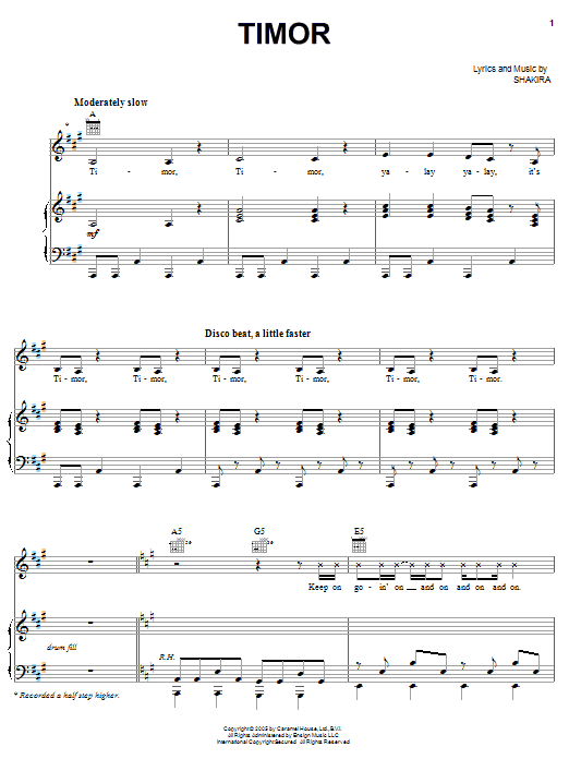 Shakira Timor Sheet Music Notes & Chords for Piano, Vocal & Guitar (Right-Hand Melody) - Download or Print PDF