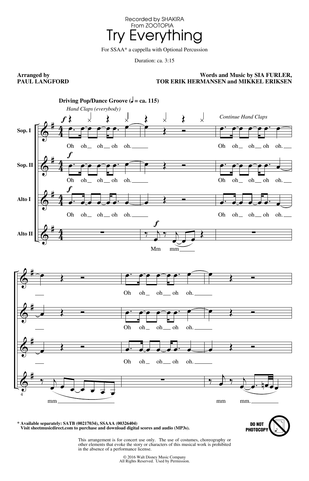 Shakira Try Everything (arr. Paul Langford) Sheet Music Notes & Chords for SSAA Choir - Download or Print PDF
