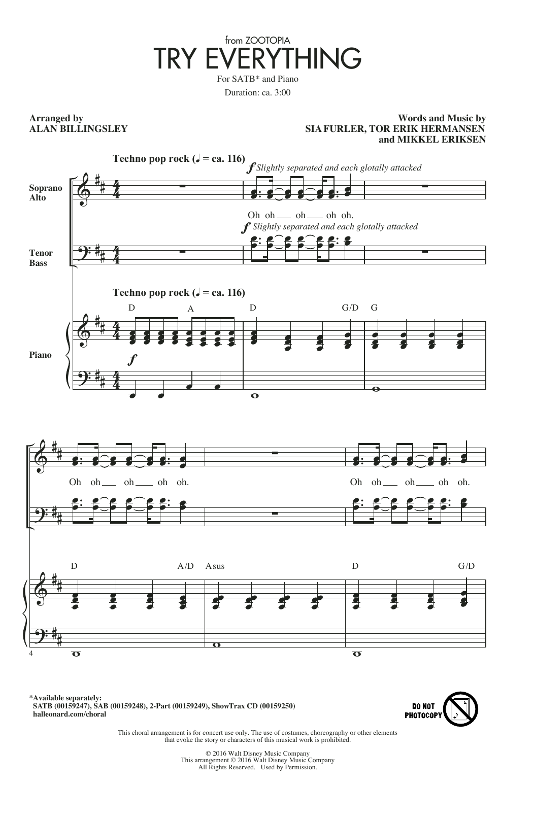 Shakira Try Everything (from Zootopia) (arr. Alan Billingsley) Sheet Music Notes & Chords for SAB - Download or Print PDF