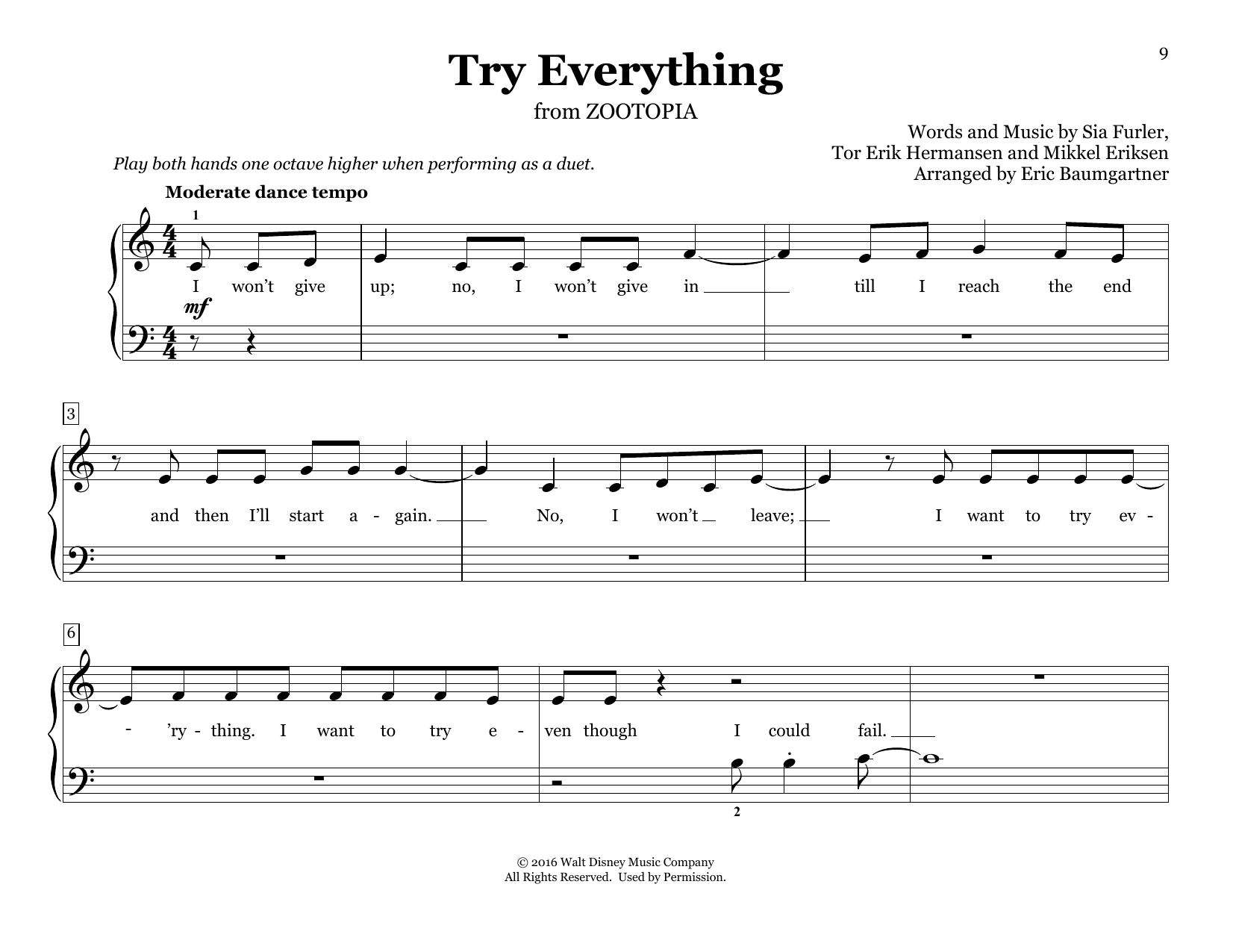 Shakira Try Everything (from Zootopia) (arr. Eric Baumgartner) Sheet Music Notes & Chords for Piano Duet - Download or Print PDF