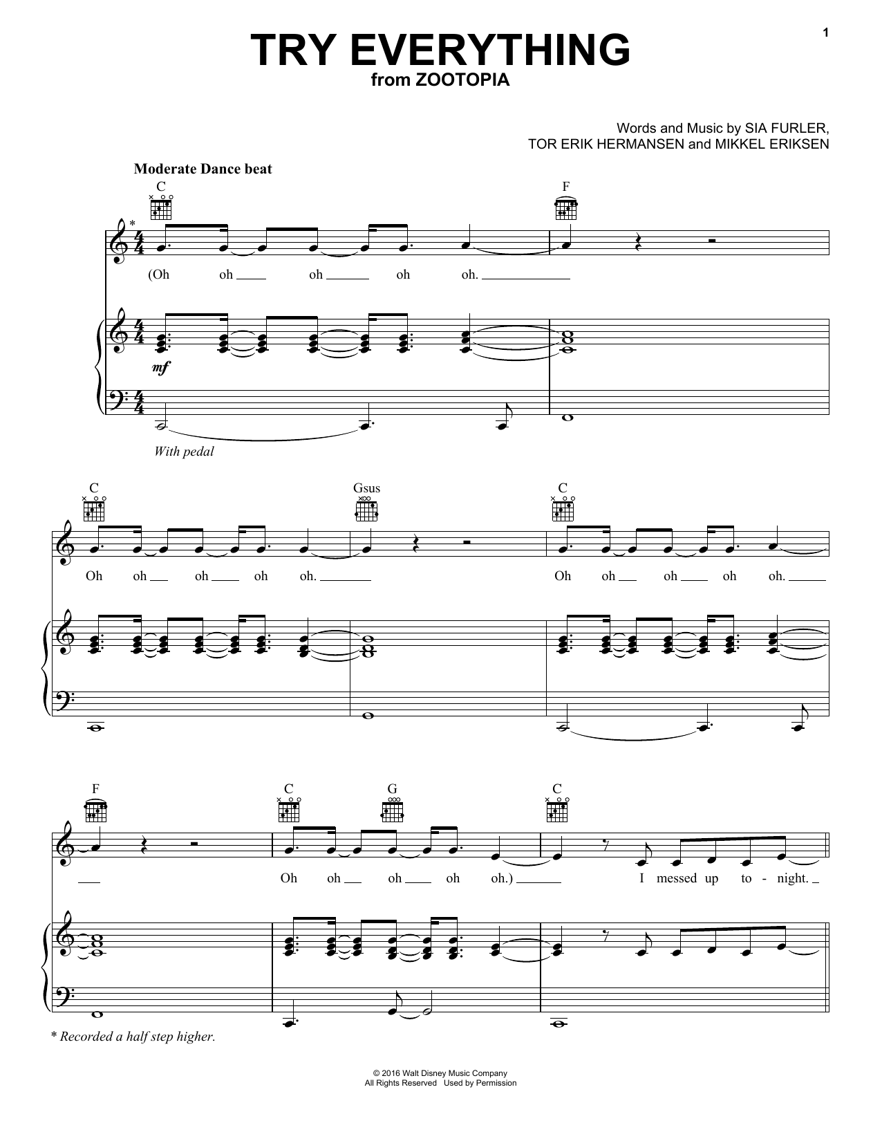 Shakira Try Everything (from Zootopia) Sheet Music Notes & Chords for Very Easy Piano - Download or Print PDF