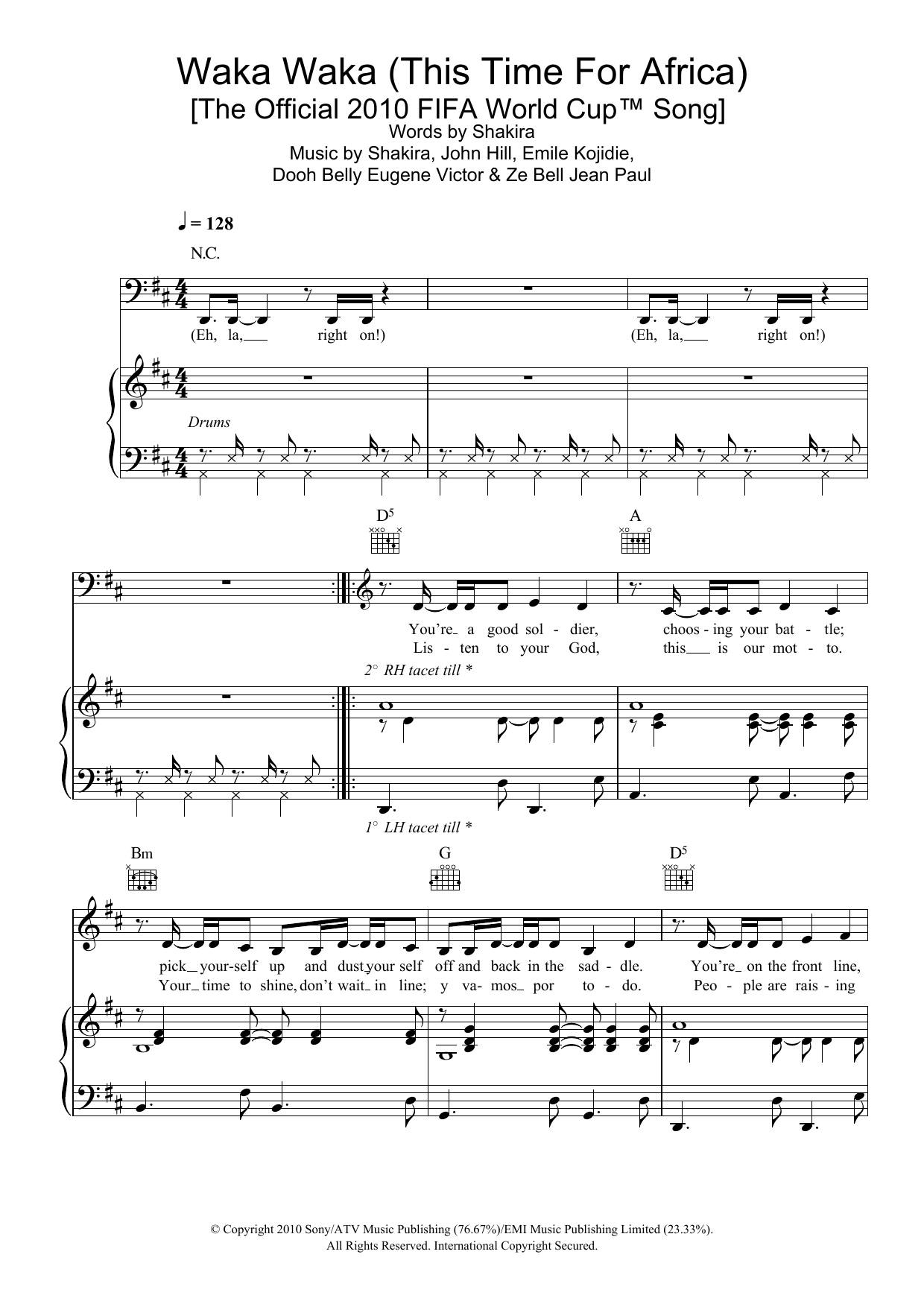 Shakira Waka Waka (This Time For Africa) (featuring Freshlyground) Sheet Music Notes & Chords for Piano, Vocal & Guitar - Download or Print PDF