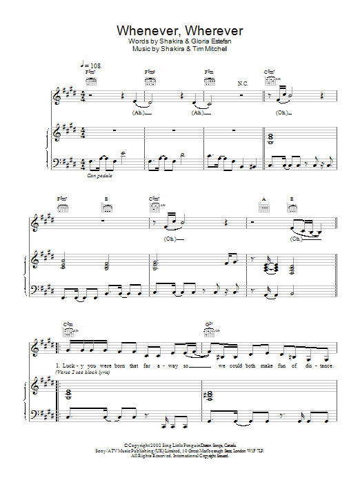 Shakira Whenever, Wherever sheet music notes and chords. Download Printable PDF.