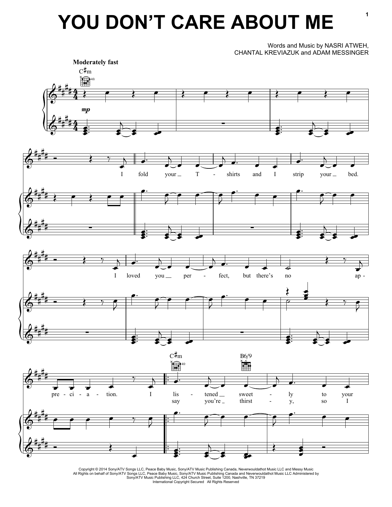 Shakira You Don't Care About Me Sheet Music Notes & Chords for Piano, Vocal & Guitar (Right-Hand Melody) - Download or Print PDF