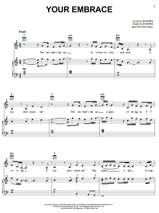 Shakira Your Embrace Sheet Music Notes & Chords for Piano, Vocal & Guitar (Right-Hand Melody) - Download or Print PDF