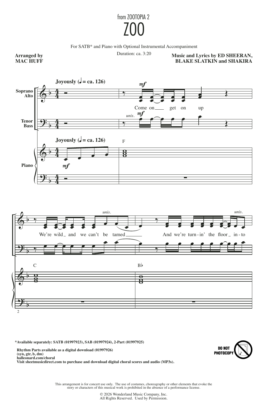 Shakira Zoo (from Zootopia 2) (arr. Mac Huff) Sheet Music Notes & Chords for SATB Choir - Download or Print PDF