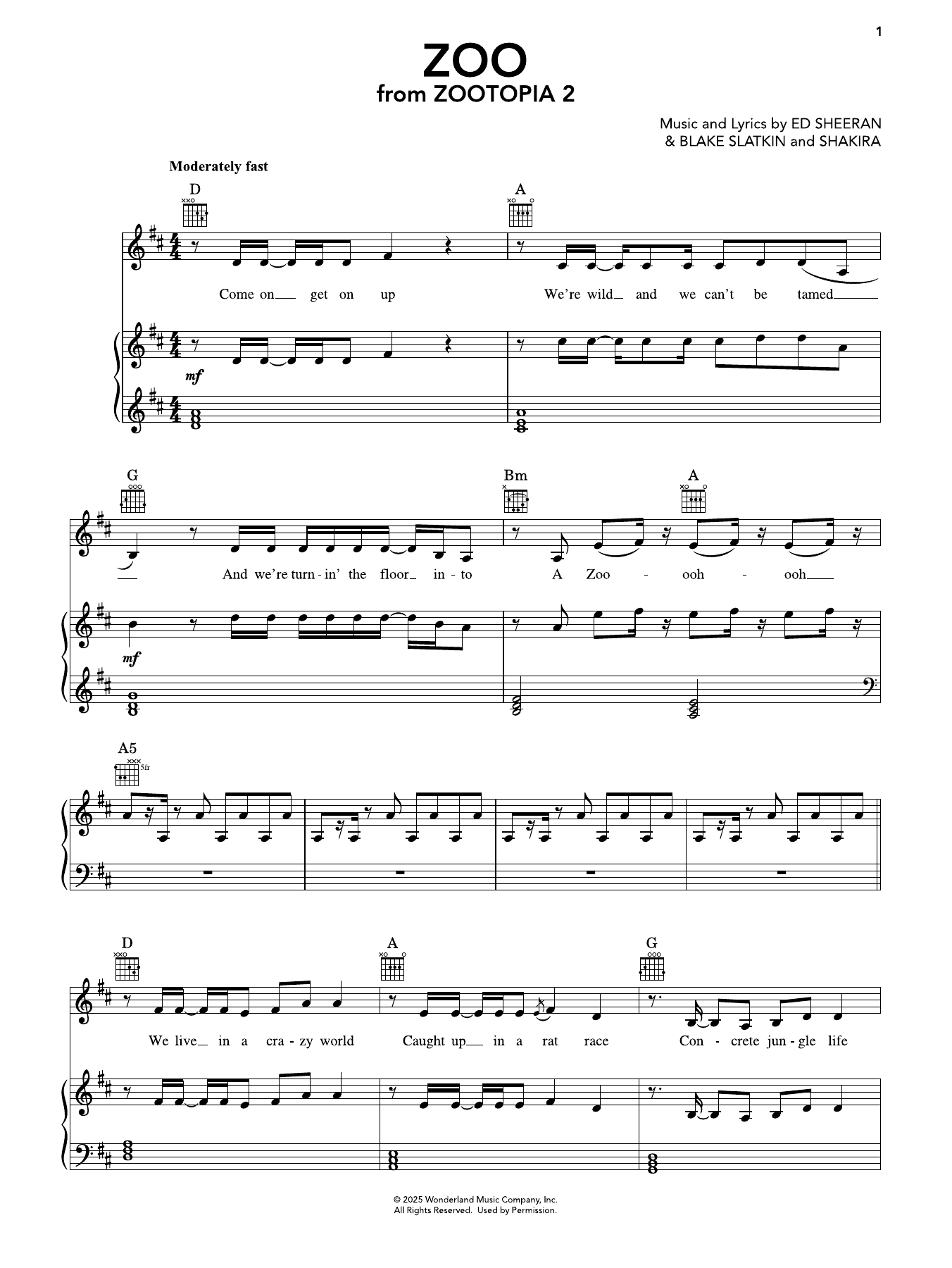 Shakira Zoo (from Zootopia 2) Sheet Music Notes & Chords for Piano, Vocal & Guitar Chords (Right-Hand Melody) - Download or Print PDF