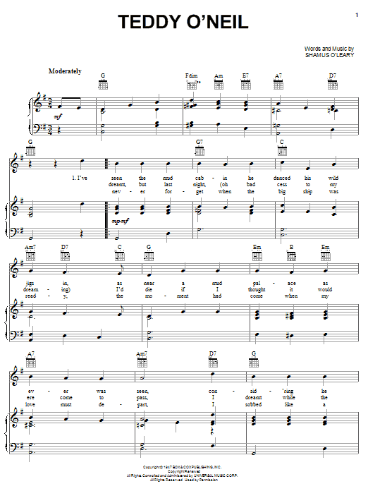 Shamus O'Leary Teddy O'Neil Sheet Music Notes & Chords for Piano, Vocal & Guitar (Right-Hand Melody) - Download or Print PDF