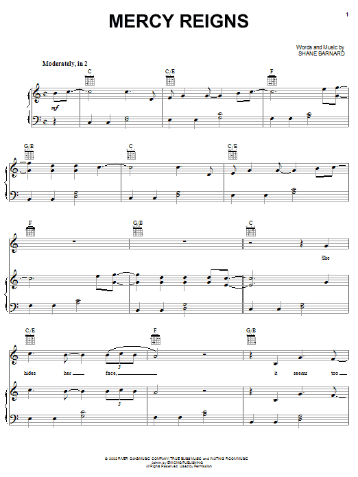 Shane & Shane Mercy Reigns Sheet Music Notes & Chords for Piano, Vocal & Guitar (Right-Hand Melody) - Download or Print PDF
