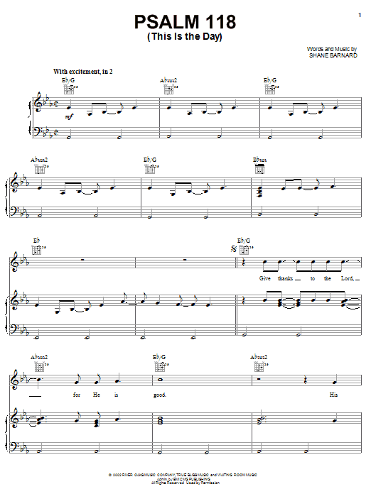 Shane & Shane Psalm 118 (This Is The Day) Sheet Music Notes & Chords for Piano, Vocal & Guitar (Right-Hand Melody) - Download or Print PDF