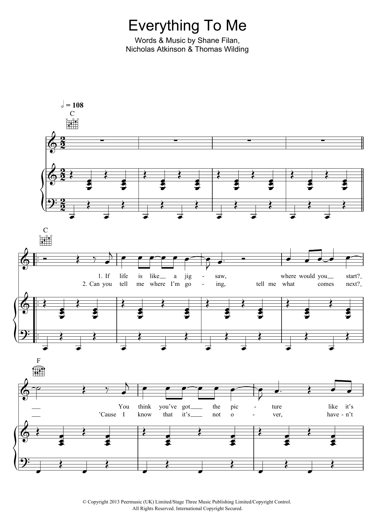 Shane Filan Everything To Me Sheet Music Notes & Chords for Piano, Vocal & Guitar (Right-Hand Melody) - Download or Print PDF