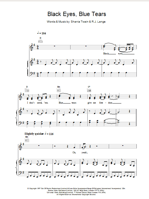 Shania Twain Black Eyes, Blue Tears sheet music notes and chords. Download Printable PDF.