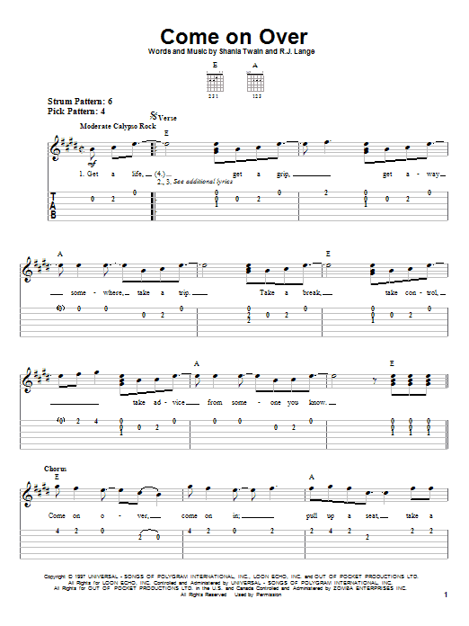 Shania Twain Come On Over Sheet Music Notes & Chords for Easy Guitar Tab - Download or Print PDF