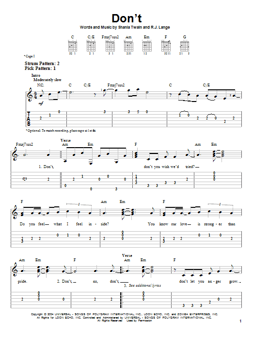 Shania Twain Don't! Sheet Music Notes & Chords for Easy Guitar Tab - Download or Print PDF