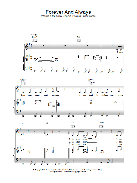 Shania Twain Forever And Always Sheet Music Notes & Chords for Piano, Vocal & Guitar (Right-Hand Melody) - Download or Print PDF