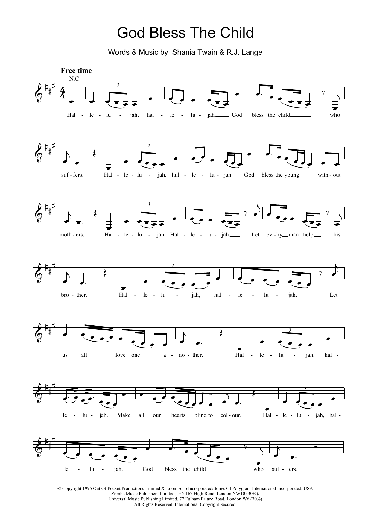 Shania Twain God Bless The Child Sheet Music Notes & Chords for Melody Line, Lyrics & Chords - Download or Print PDF