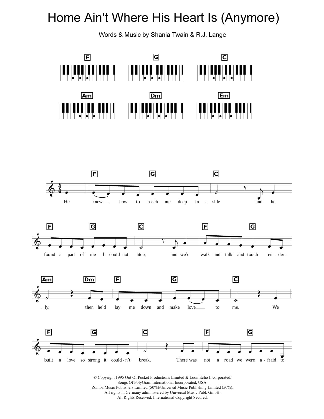 Shania Twain Home Ain't Where His Heart Is (Anymore) Sheet Music Notes & Chords for Keyboard - Download or Print PDF