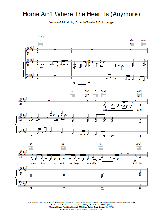 Shania Twain Home Ain't Where The Heart Is (Anymore) Sheet Music Notes & Chords for Piano, Vocal & Guitar - Download or Print PDF