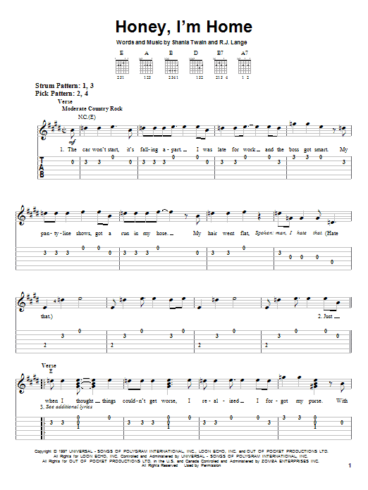 Shania Twain Honey, I'm Home Sheet Music Notes & Chords for Lyrics & Chords - Download or Print PDF