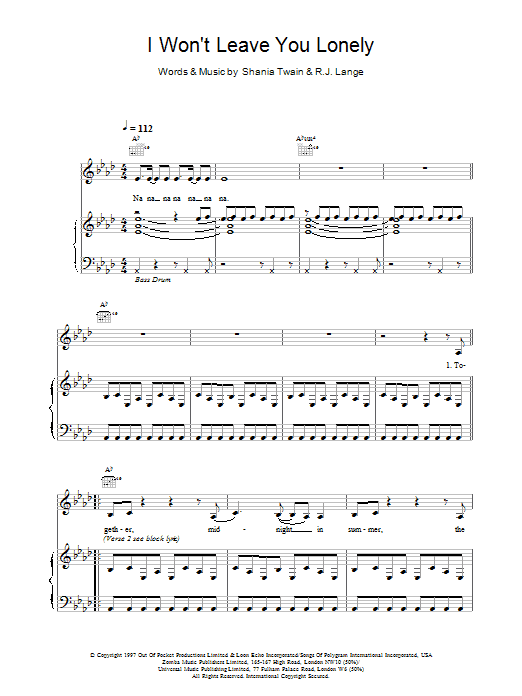 Shania Twain I Won't Leave You Lonely Sheet Music Notes & Chords for Lyrics & Chords - Download or Print PDF