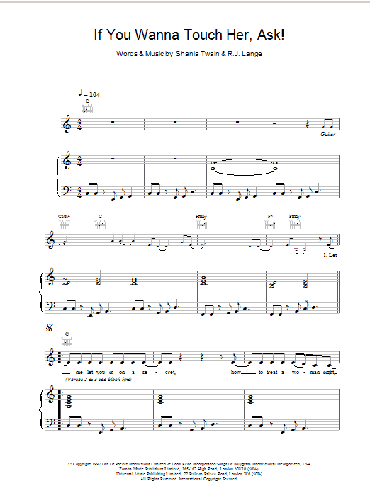 Shania Twain If You Wanna Touch Her, Ask! Sheet Music Notes & Chords for Piano, Vocal & Guitar - Download or Print PDF