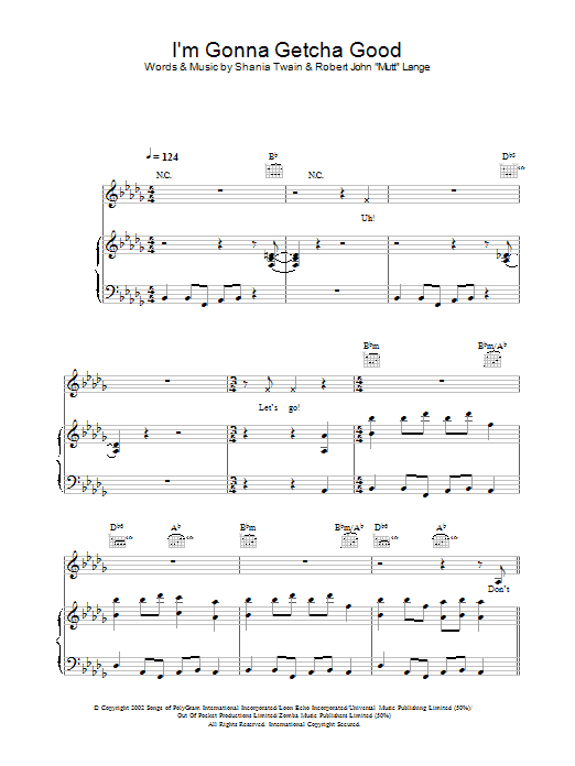 Shania Twain I'm Gonna Getcha Good Sheet Music Notes & Chords for Piano, Vocal & Guitar - Download or Print PDF