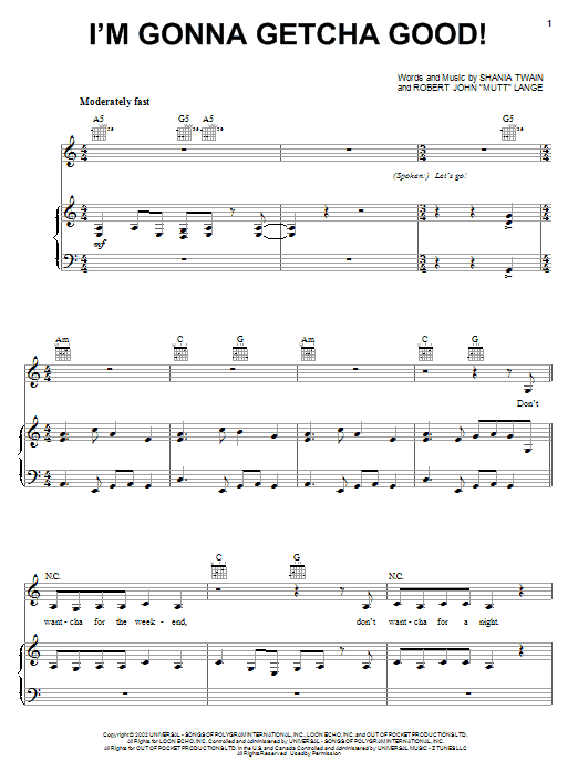 Shania Twain I'm Gonna Getcha Good! Sheet Music Notes & Chords for Lyrics & Chords - Download or Print PDF