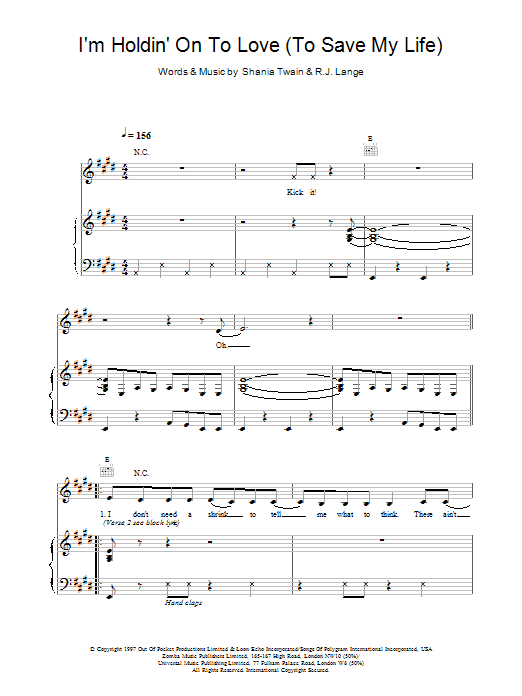 Shania Twain I'm Holdin' On To Love (To Save My Life) Sheet Music Notes & Chords for Keyboard - Download or Print PDF